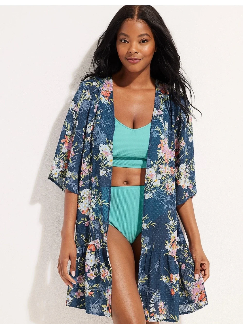 Maurices Blue Floral Textured Sheer Long Kimono Cardigan With Tiered Ruffle Hem - Picture 2 of 8